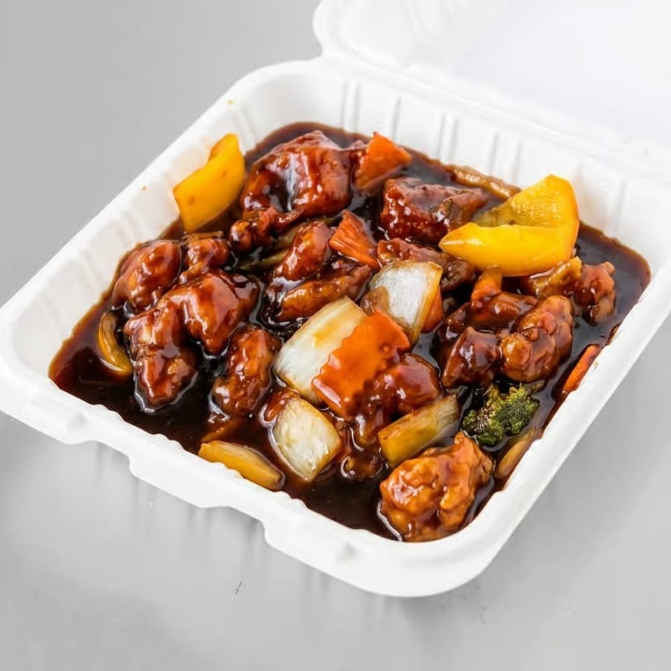 Sweet and sour chicken with bell peppers and onions in a white takeout container.